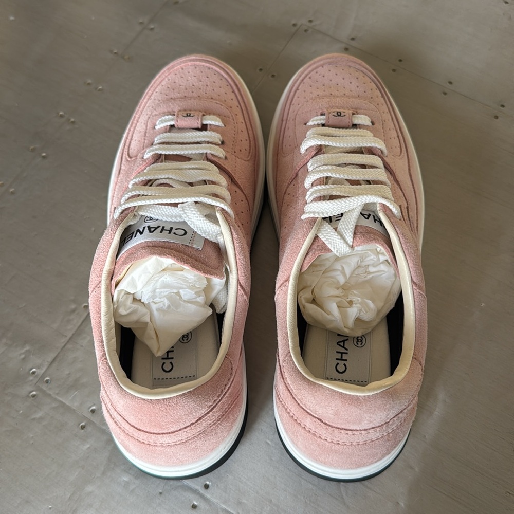 Chanel pink suede trainer sneaker flat s 38.5 - Picture 7 of 11